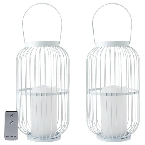 Pair of white wire lanterns with built-in candles and a remote control.