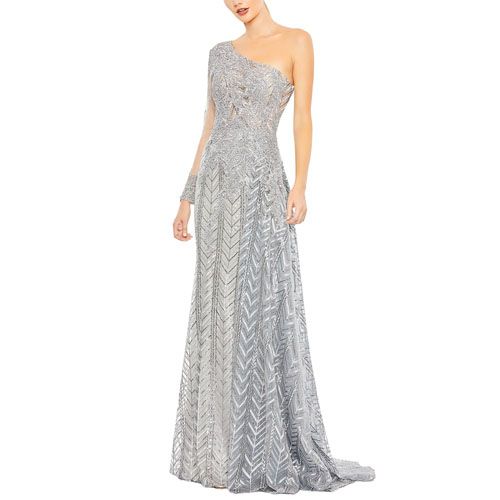 A silver, one-shoulder evening gown featuring an intricate geometric pattern and a fitted, flowing silhouette.