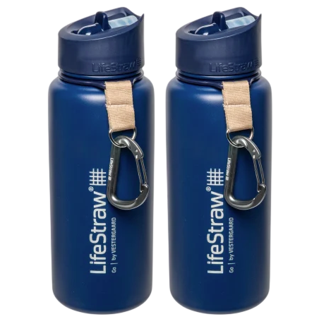 Two blue LifeStraw water bottles with attached carabiners and beige straps.