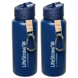Two blue LifeStraw water bottles with attached carabiners and beige straps.