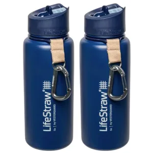 Two blue LifeStraw water bottles with attached carabiners and beige straps.