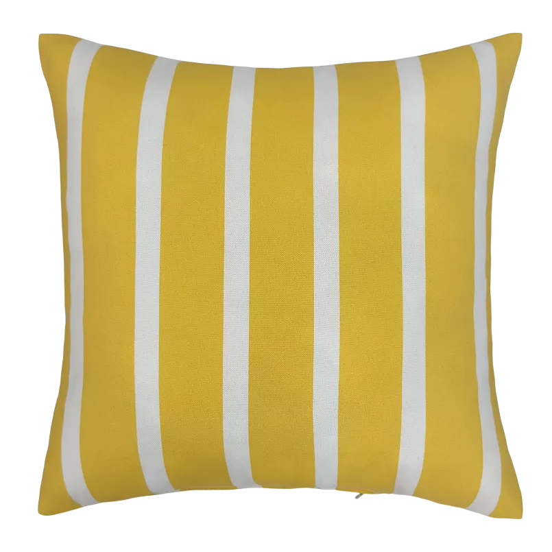 Yellow and white striped square cushion with vertical lines.