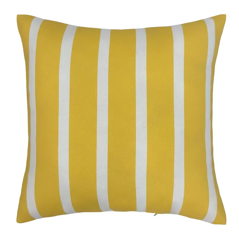 Yellow and white striped square cushion with vertical lines.