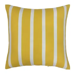 Yellow and white striped square cushion with vertical lines.