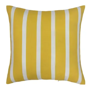 Yellow and white striped square cushion with vertical lines.