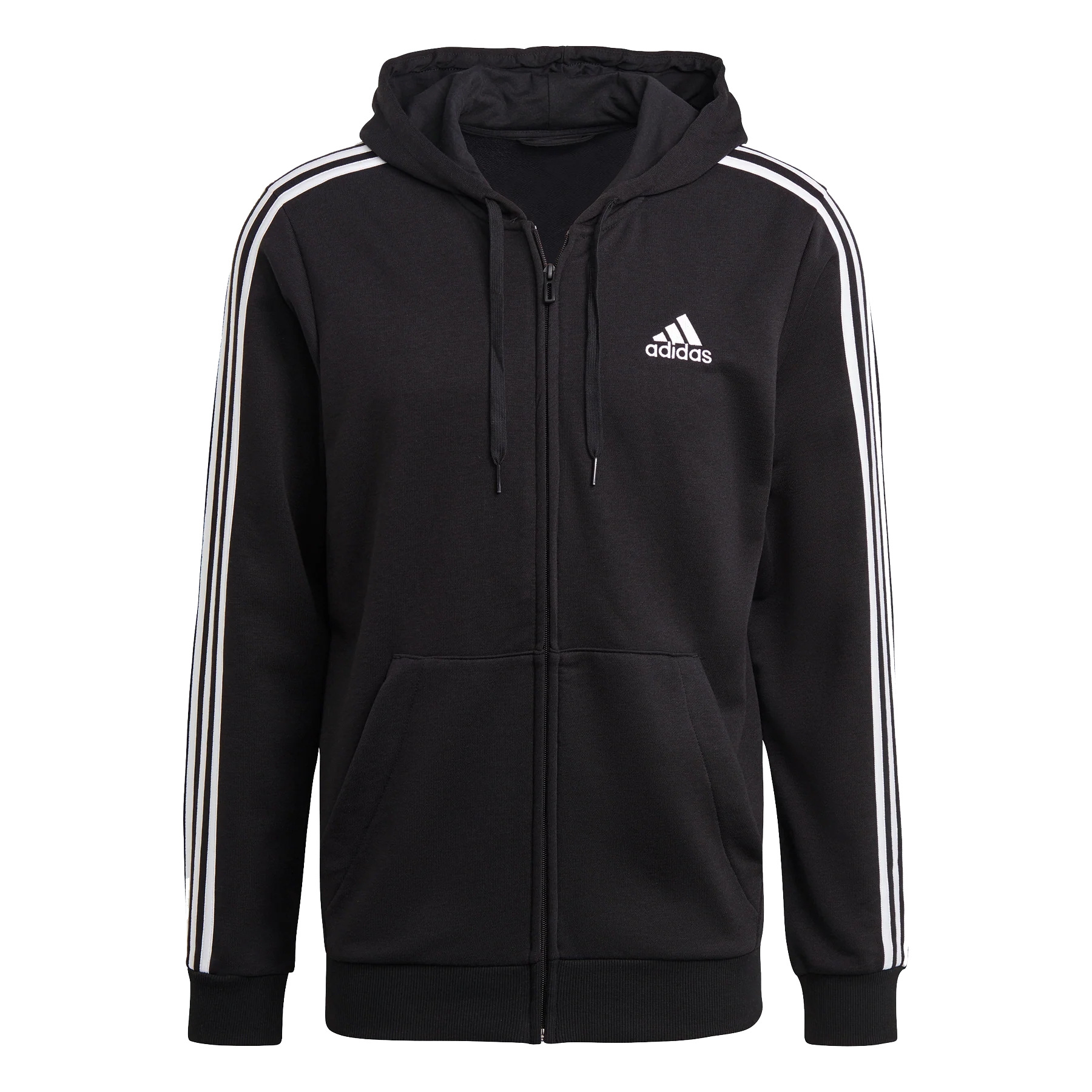 A black Adidas zip-up hoodie featuring white stripes along the sleeves and the Adidas logo on the chest.