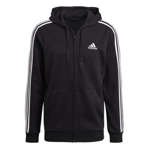 A black Adidas zip-up hoodie featuring white stripes along the sleeves and the Adidas logo on the chest.