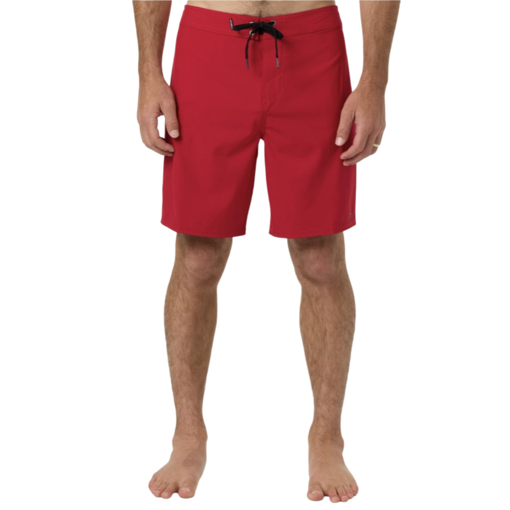 Red swim shorts with a black drawstring.