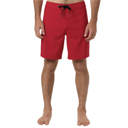 Red swim shorts with a black drawstring.