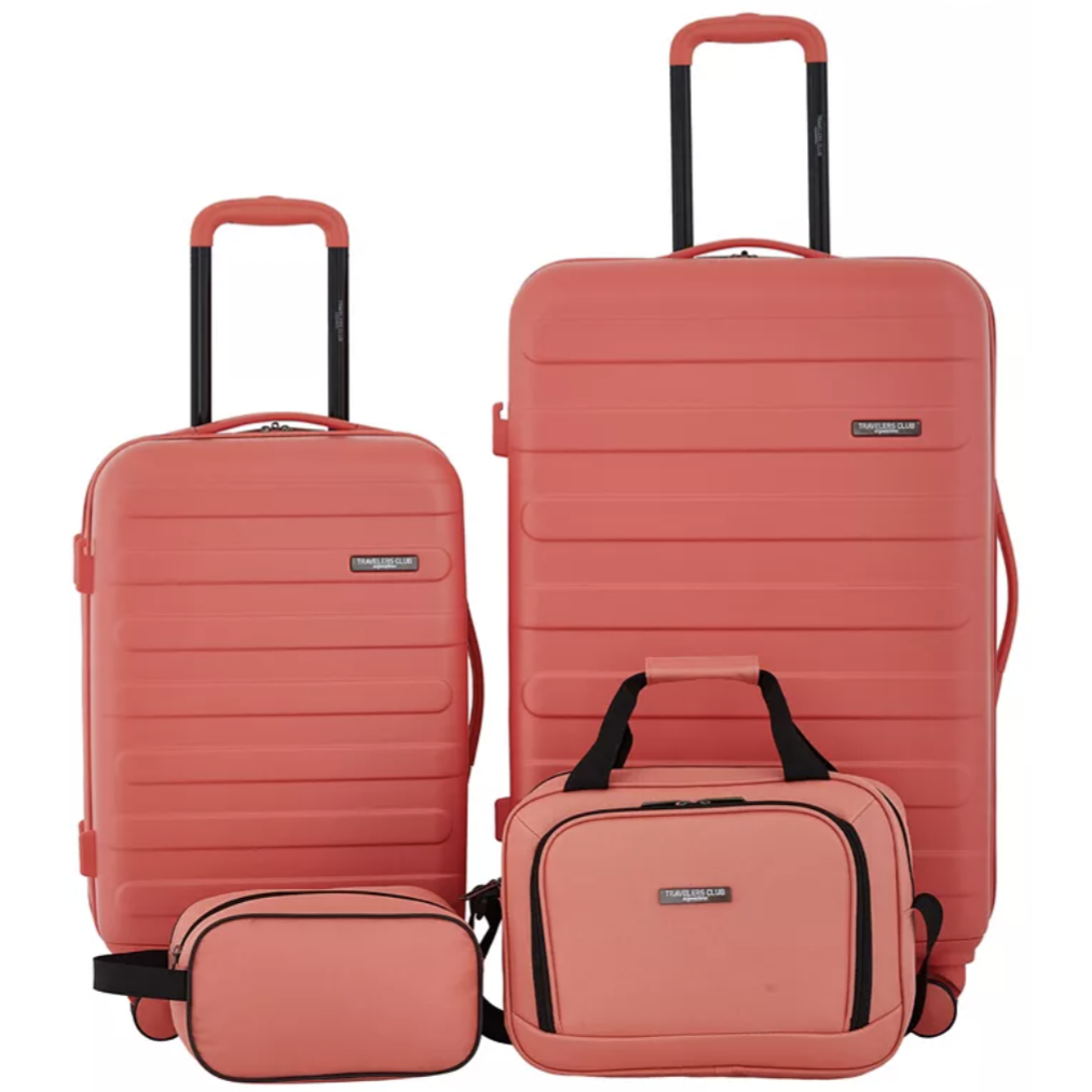 A coral-colored luggage set includes two hard-shell suitcases with telescopic handles, a carry-on bag, and a toiletry bag.