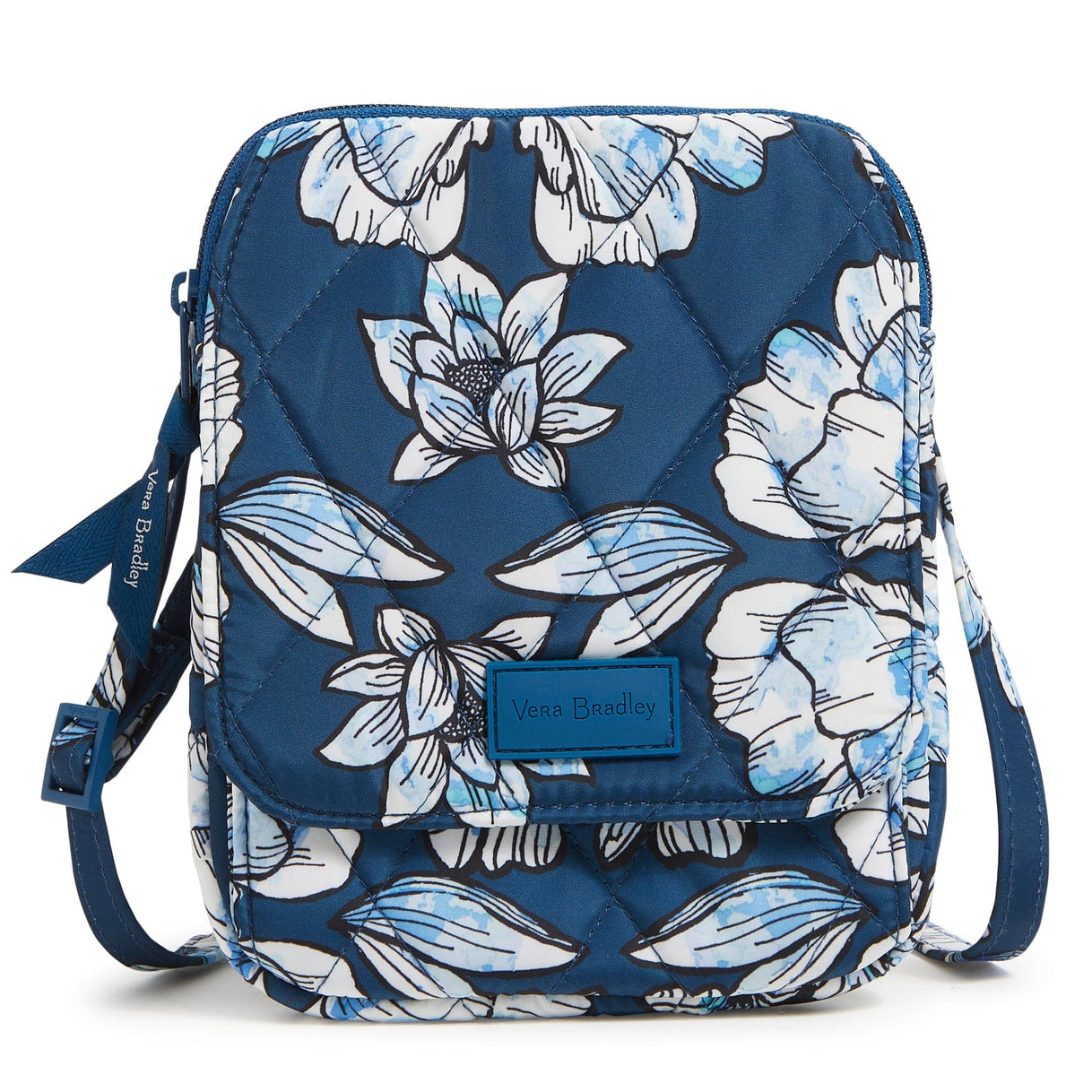 Vera Bradley RFID Mini Hipster features a quilted floral pattern in blue and white with a secure main compartment, front flap pocket, adjustable strap, and RFID protection.