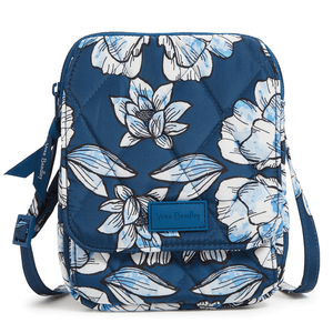 Vera Bradley RFID Mini Hipster features a quilted floral pattern in blue and white with a secure main compartment, front flap pocket, adjustable strap, and RFID protection.