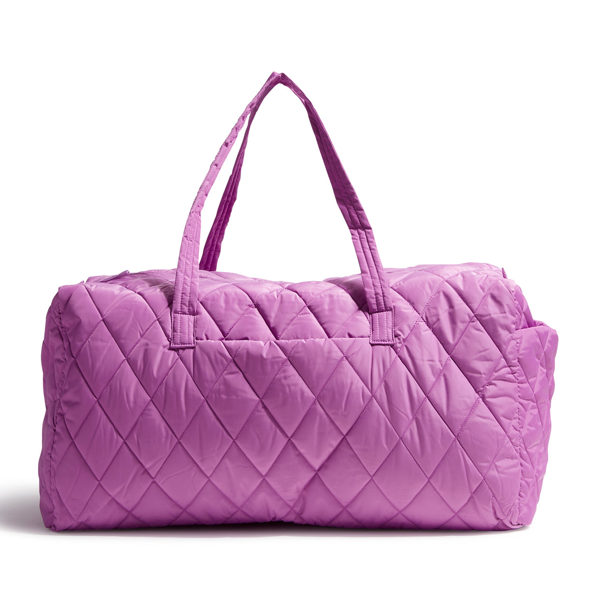A large purple quilted duffle bag with two carry handles.