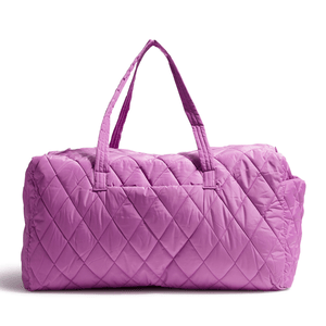 A large purple quilted duffle bag with two carry handles.