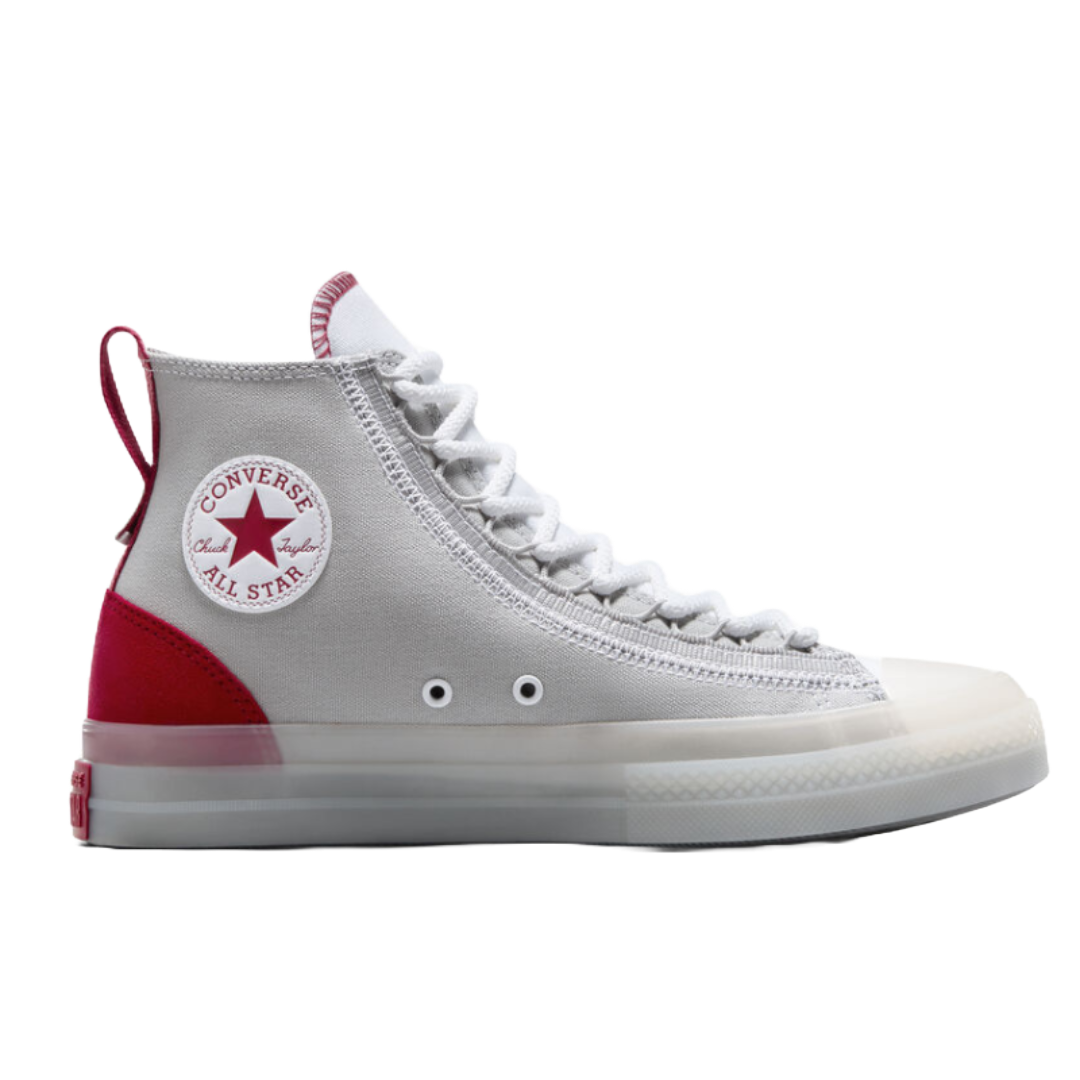 Chuck Taylor All Star CX EXP2 Shoes feature a high-top design with a white canvas upper, red accents, and a translucent sole. The iconic Converse All Star patch is displayed on the side.
