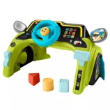 A colorful interactive toy dashboard with a steering wheel, mirrors, buttons, and shapes for kids to play and learn.