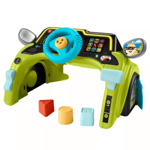 A colorful interactive toy dashboard with a steering wheel, mirrors, buttons, and shapes for kids to play and learn.