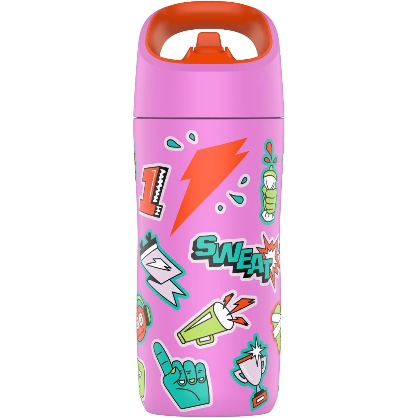 Kids Stainless Steel Gatorade Bottles feature bright orange lids and purple bodies decorated with colorful graphics like lightning bolts, trophies, and motivational words.