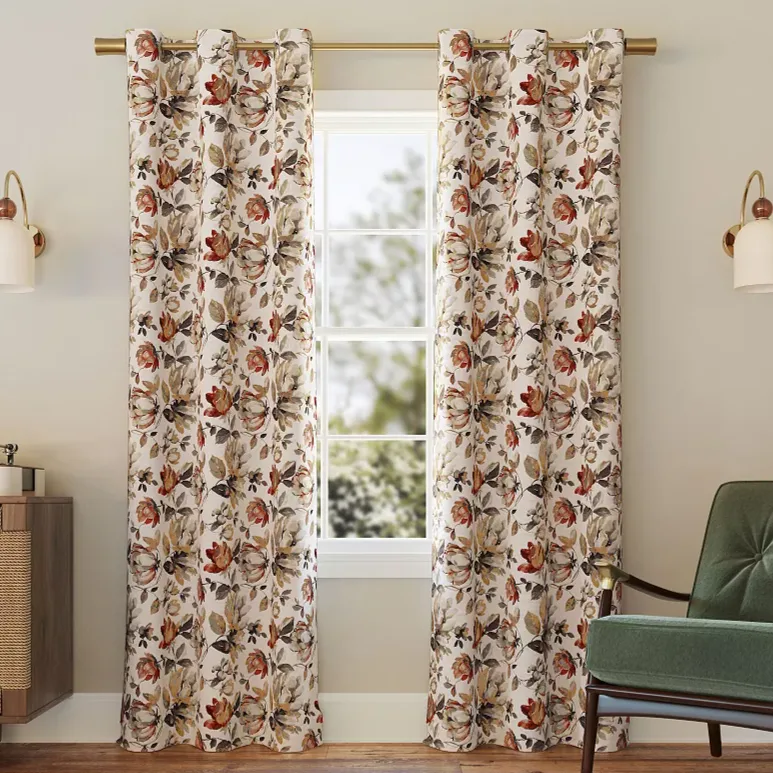 Floral-patterned curtains hang on a rod in a living room with a mid-century modern green armchair, wooden cabinet, and two wall sconces.