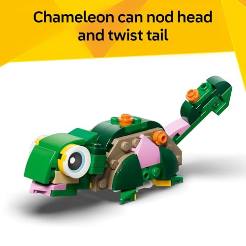 A LEGO chameleon toy that can nod its head and twist its tail, featuring a colorful design with moving parts.