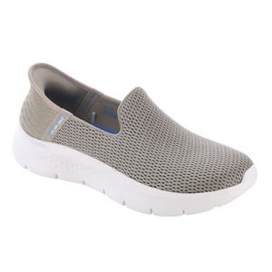 A gray slip-on sneaker with a mesh upper and white sole, featuring a \“Slip-Ins\“ tag and designed for comfort and easy wear.