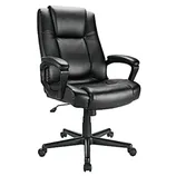 Black leather office chair with padded armrests, adjustable height, and a wheeled base for mobility.
