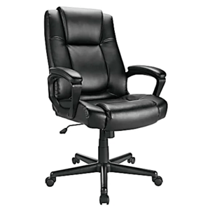 Black leather office chair with padded armrests, adjustable height, and a wheeled base for mobility.