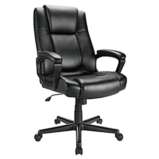 Black leather office chair with padded armrests, adjustable height, and a wheeled base for mobility.