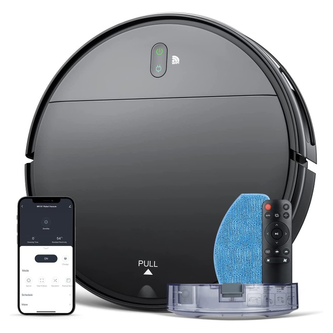 Robot Vacuum & Mop Combo with WiFi connectivity includes a remote control and a mop attachment, shown with a smartphone displaying control options.