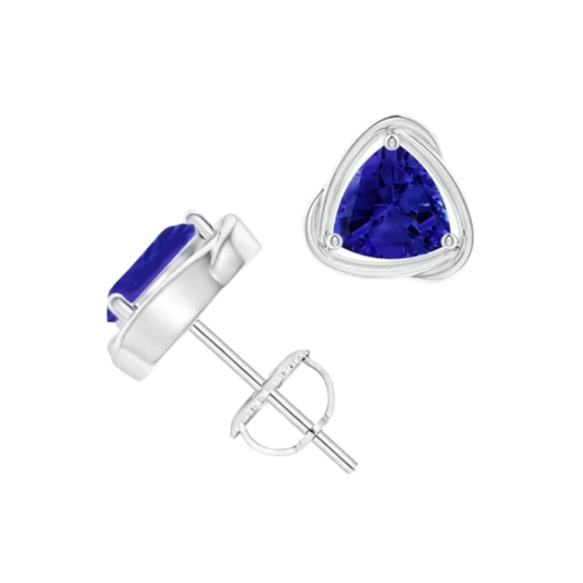 A pair of triangular sterling silver stud earrings with vibrant blue stones, featuring a post and butterfly backing.