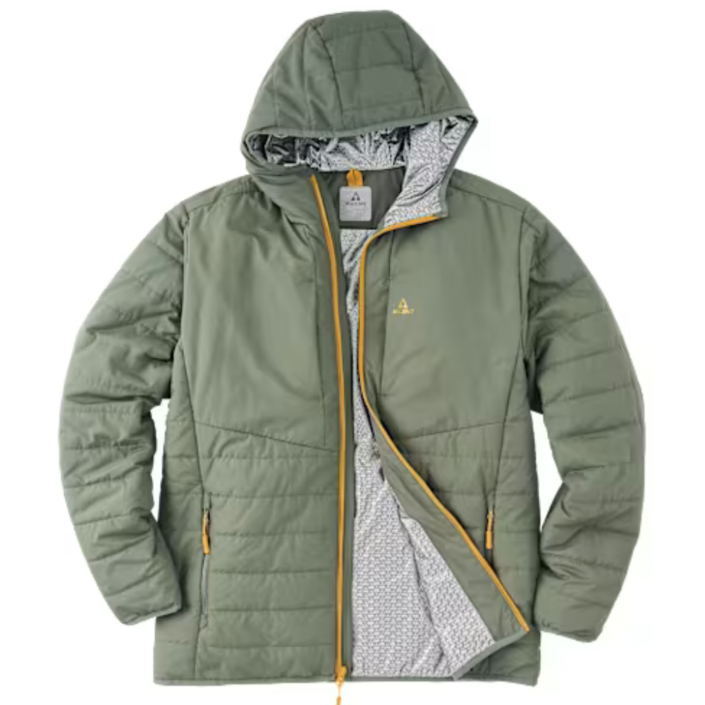 Green hooded jacket with a grey patterned lining, yellow zipper accents, and two front zippered pockets.
