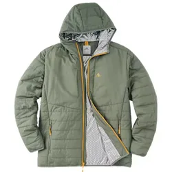 Green hooded jacket with a grey patterned lining, yellow zipper accents, and two front zippered pockets.