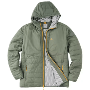 Green hooded jacket with a grey patterned lining, yellow zipper accents, and two front zippered pockets.