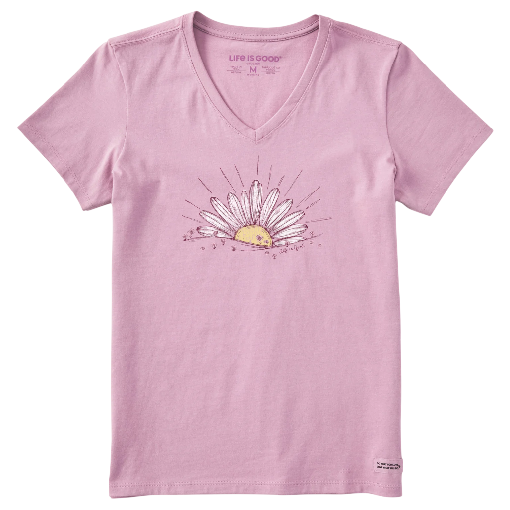 Pink V-neck T-shirt featuring a daisy graphic with the text \“Life is Good\“ beneath it.