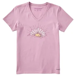 Pink V-neck T-shirt featuring a daisy graphic with the text \“Life is Good\“ beneath it.