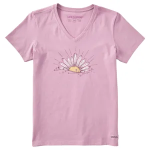 Pink V-neck T-shirt featuring a daisy graphic with the text \“Life is Good\“ beneath it.