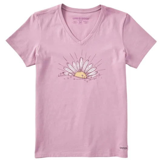 Pink V-neck T-shirt featuring a daisy graphic with the text \“Life is Good\“ beneath it.