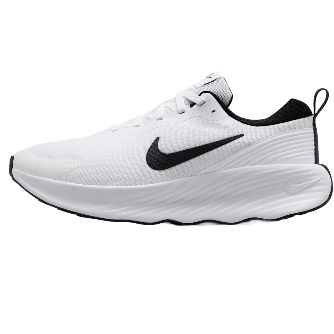 White athletic shoe with a black swoosh, featuring a textured sole and heel pull tab.