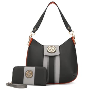 The MKF Hobo & Wristlet set features a dark gray and light gray color block design with orange accents. Both pieces have a gold-tone \“M\“ logo, with the hobo bag having a shoulder strap and the wristlet including a removable strap.