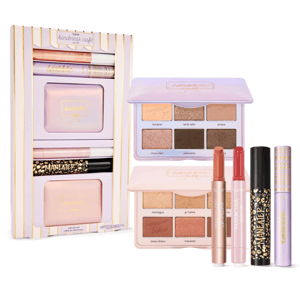 Tarte Kindness Café collection includes two eyeshadow palettes, two lip plumps, Maracuja Juicy Lip, Maneater mascara, and Lights, Camera, Lashes mascara, all presented in a boxed set.