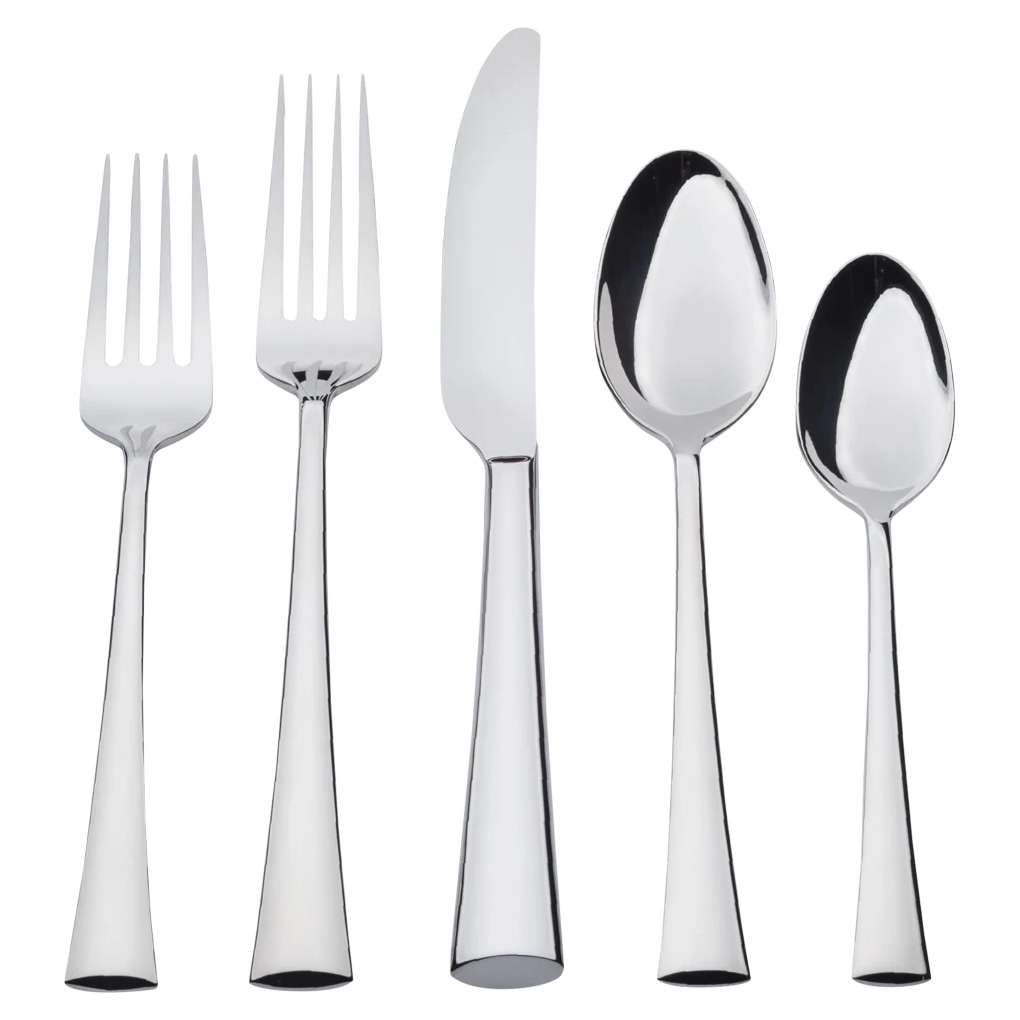 The photo showcases a collection of stainless steel flatware consisting of two different forks, a knife, and two spoons, all featuring sleek, reflective surfaces and tapered handles.