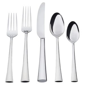 The photo showcases a collection of stainless steel flatware consisting of two different forks, a knife, and two spoons, all featuring sleek, reflective surfaces and tapered handles.