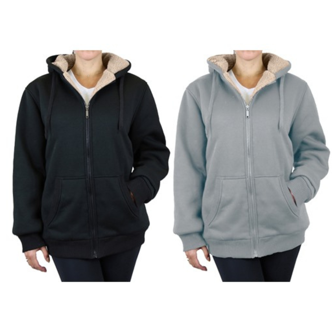 Two hooded jackets with zip closures are displayed, one in black and the other in light gray, both featuring sherpa lining and front pockets.