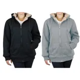 Two hooded jackets with zip closures are displayed, one in black and the other in light gray, both featuring sherpa lining and front pockets.