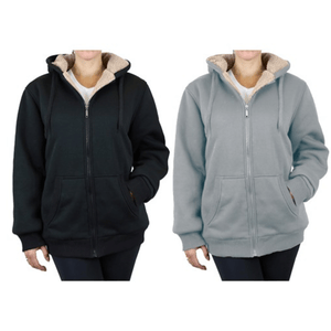 Two hooded jackets with zip closures are displayed, one in black and the other in light gray, both featuring sherpa lining and front pockets.