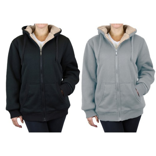 Two hooded jackets with zip closures are displayed, one in black and the other in light gray, both featuring sherpa lining and front pockets.