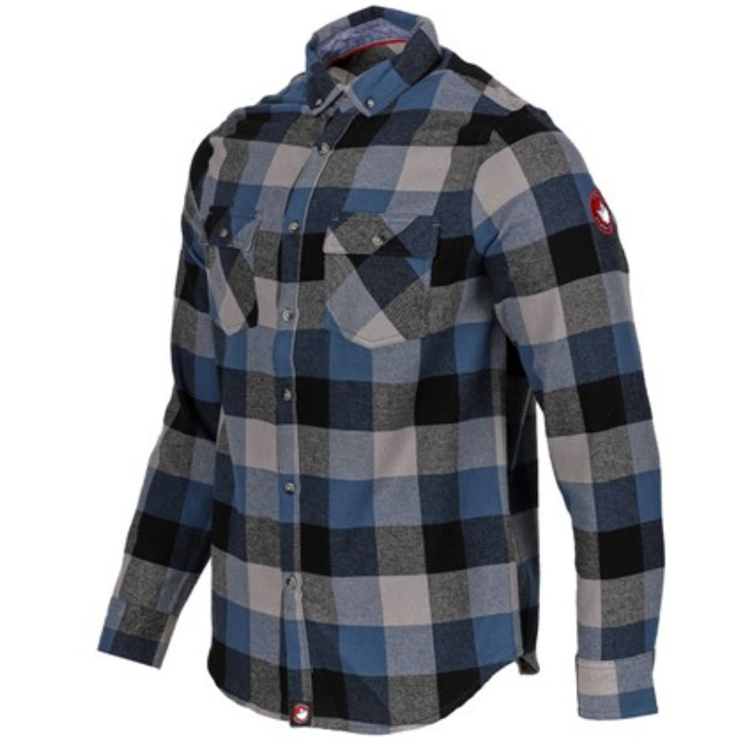 Men's long-sleeved flannel shirt with a blue and gray checkered pattern and visible buttons.