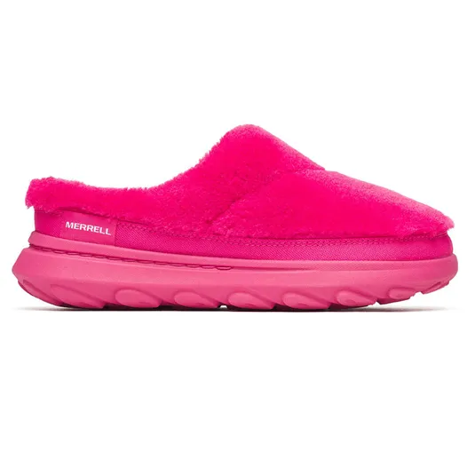 Bright pink furry slip-on clogs with a thick cushioned sole, branded \“Merrell\“ on the side.