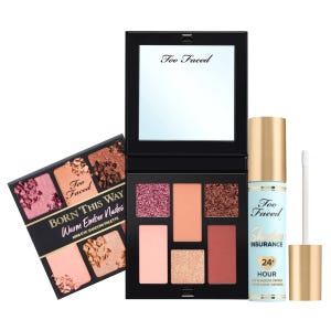 Too Faced Born This Way Warm Ember Nudes Mini Eye Shadow Palette and Shadow Insurance 24+ Hour Eye Shadow Primer with Blue Light Defense are showcased.