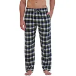 Plaid pajama pants with a drawstring waist and side pockets, featuring a blue and green checkered pattern.